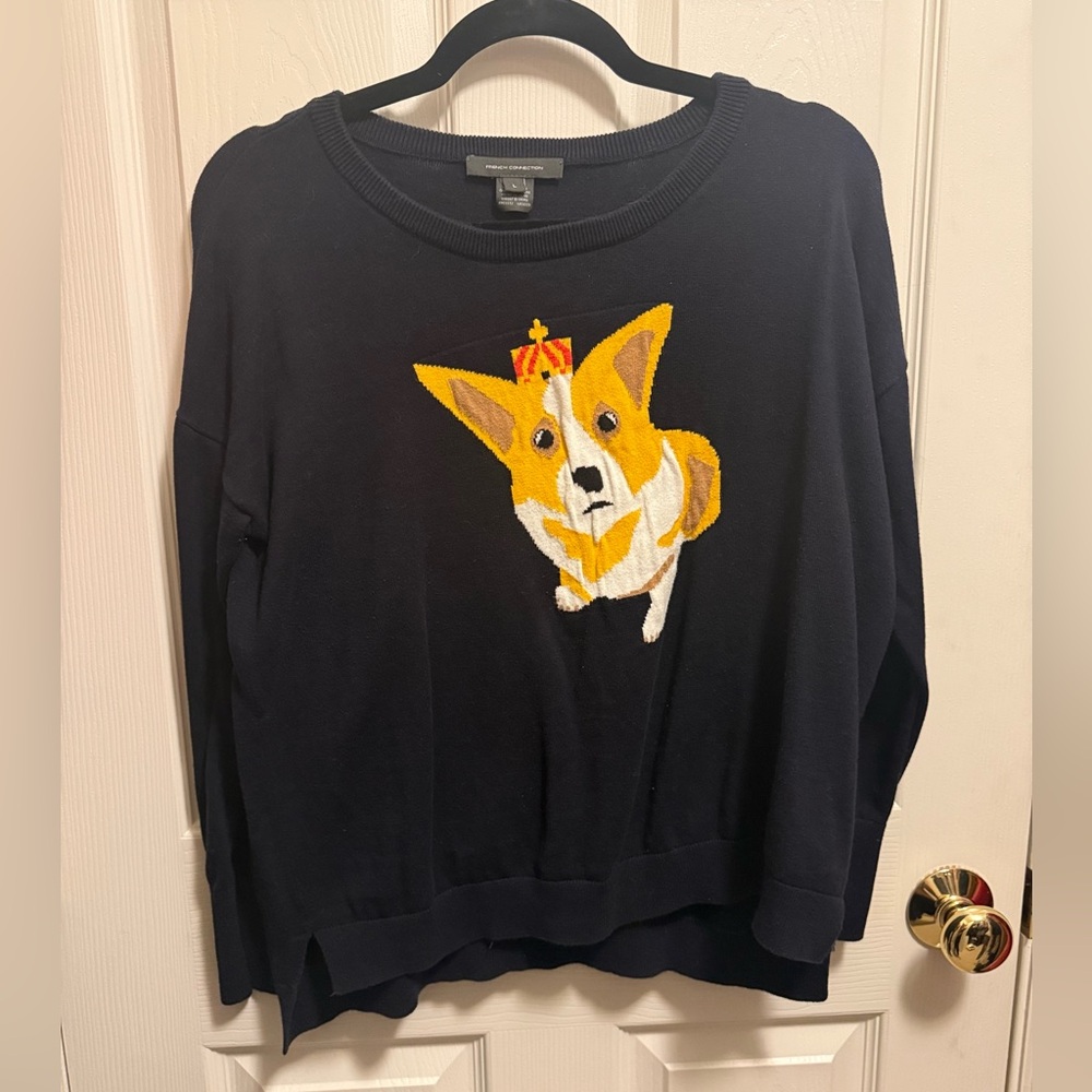 French Connection Navy Corgi Crown Knit Sweater Kawaii